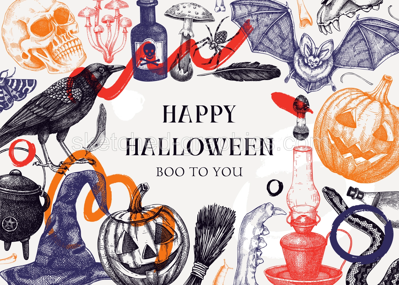 Collage style Halloween frame design. Hand drawn vector illustration. Halloween party invitation. Abstract shapes, trendy design elements, Skulls, bones, Halloween pumpkins, poison, mushrooms sketches Illustration